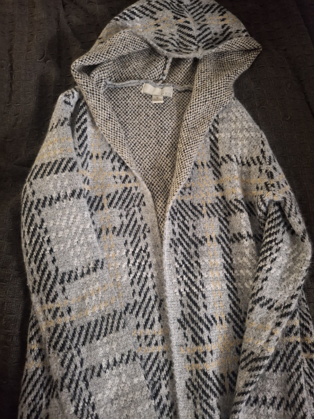 Hooded Plaid Knit Sweater Cardigan - Gray, Black & Gold